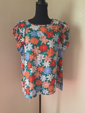 Hapatics Floral Ruffle Sleeve Blouse - Green Multi